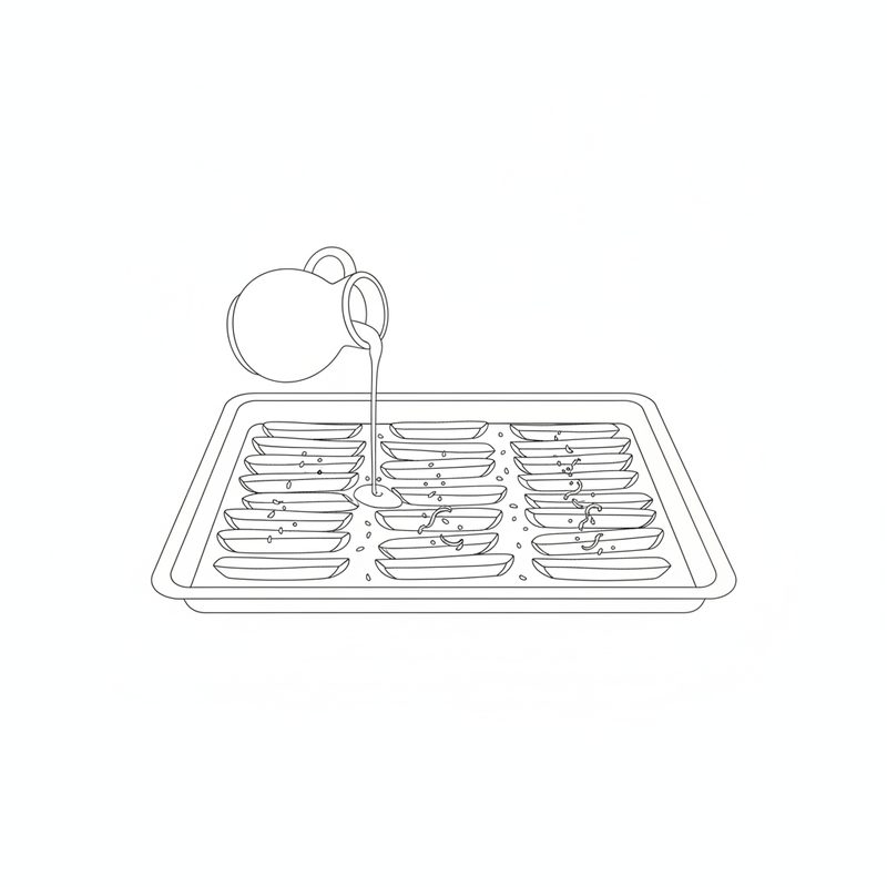 Line drawing of potato sticks in rows on a baking tray, oil pouring from a jug and seeds scattered over them