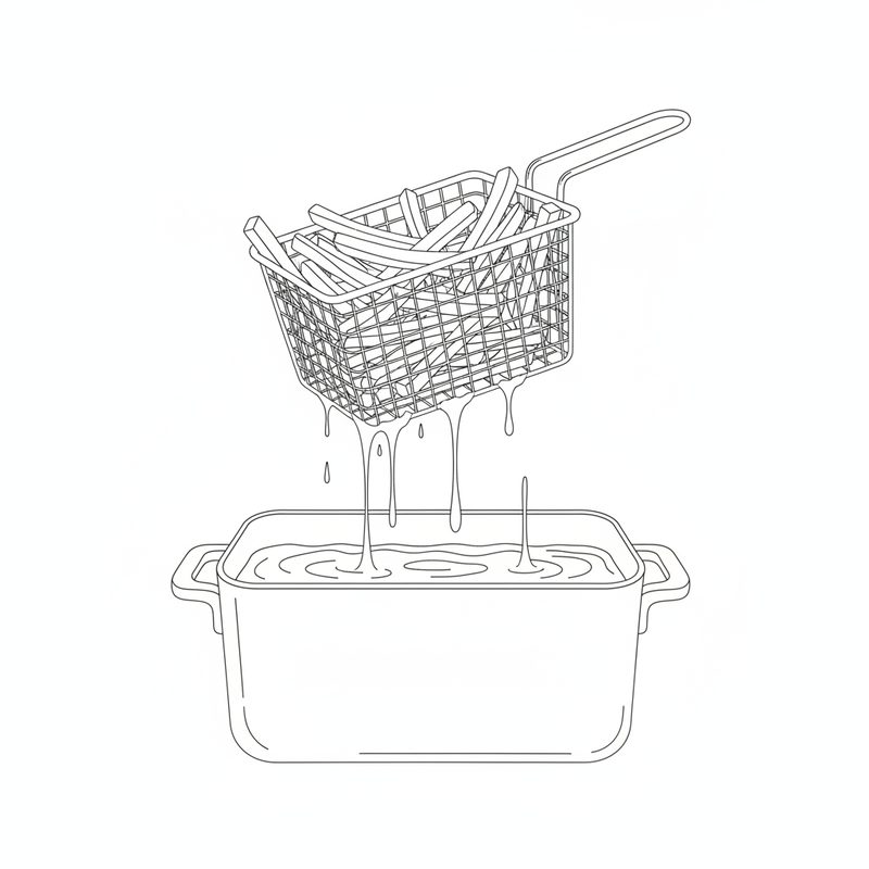 Line drawing of a wire fryer basket of potato fries lifted from a deep fryer, oil dripping back into it