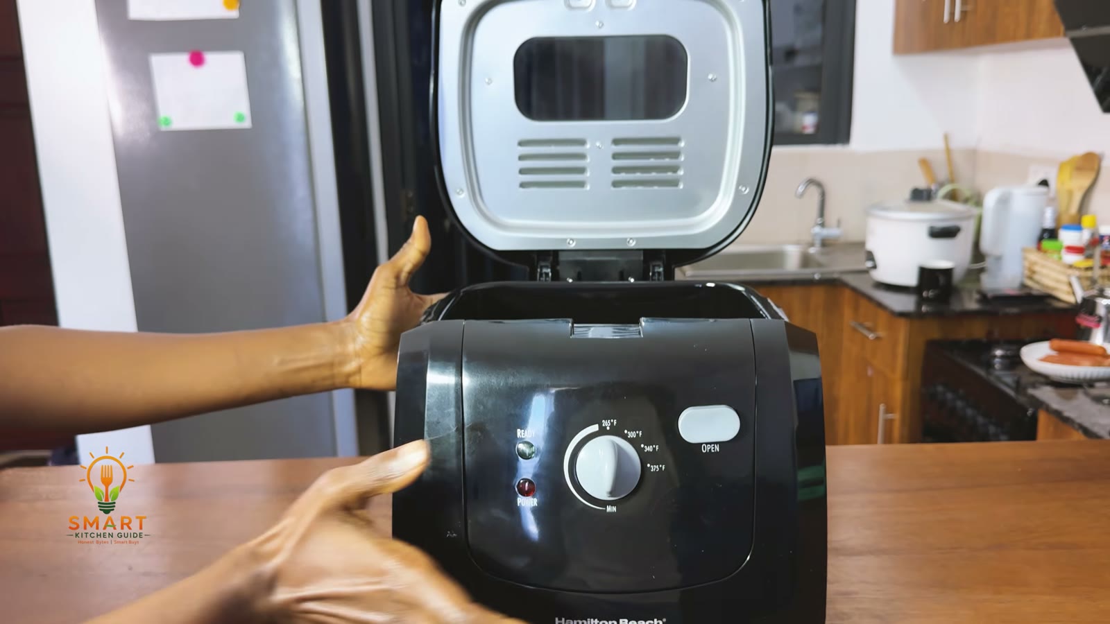 Hamilton Beach 35021 deep fryer with the lid open, showing the viewing window built into the lid