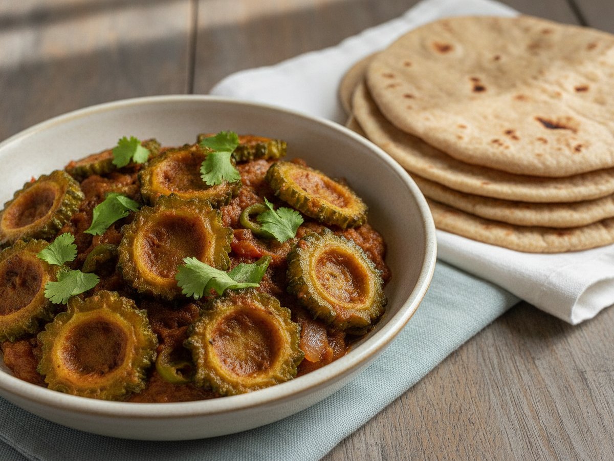 Bowl of karela curry with fried bitter gourd rounds in a thick tomato and onion masala, garnished with coriander, beside a stack of chapati