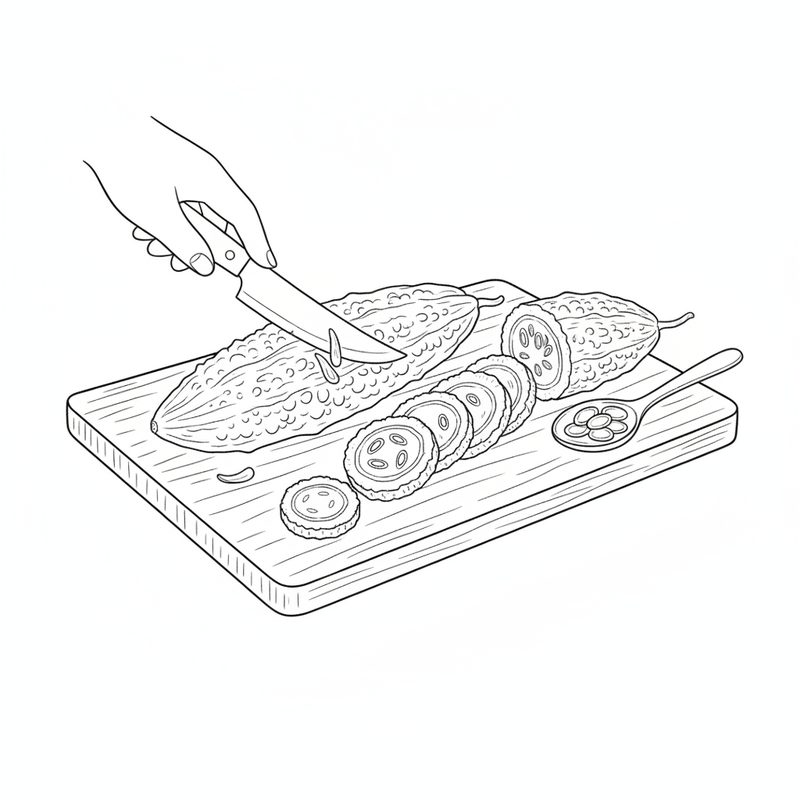 Line drawing of a hand scraping a knobbly bitter gourd with a knife on a chopping board, with thin rounds sliced from a second gourd and a spoon holding removed seeds