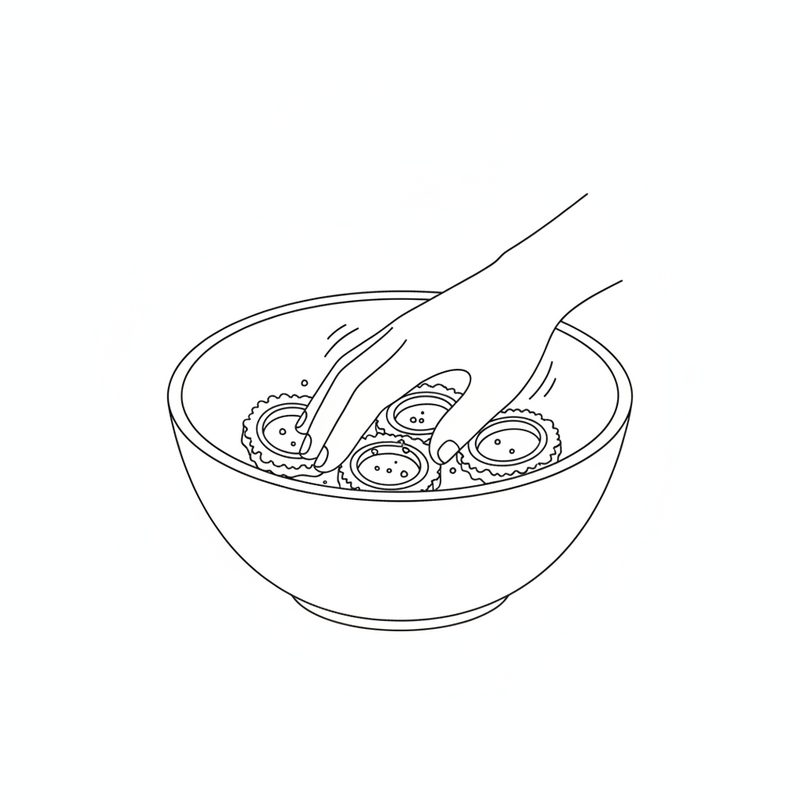 Line drawing of a hand rubbing salt into rounds of sliced bitter gourd in a mixing bowl