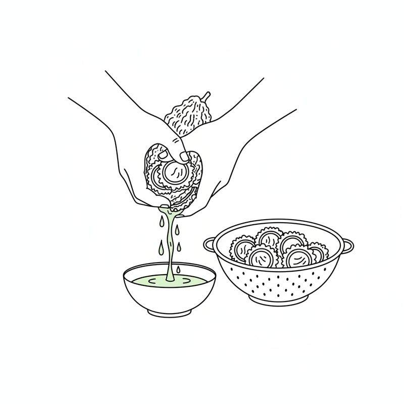 Line drawing of two hands squeezing salted bitter gourd slices so green juice drips into a small bowl, with a colander of slices beside it