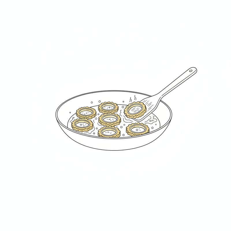 Line drawing of bitter gourd rounds frying in a wide pan, their edges shaded golden, one being turned with a spatula