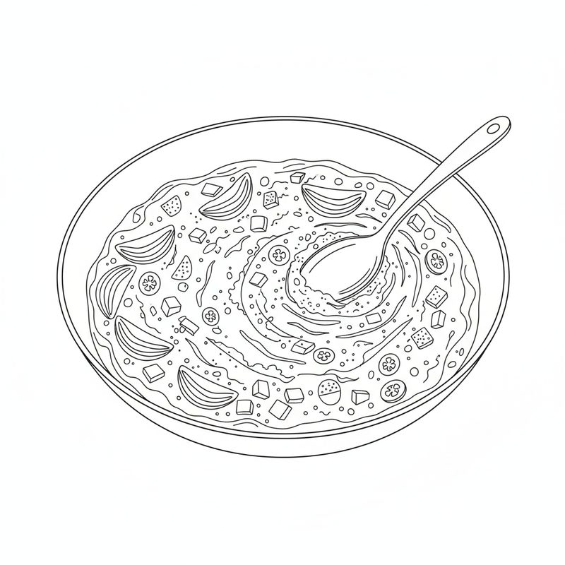 Line drawing of a spoon stirring a thick masala of onion pieces and diced tomato in a wide round pan