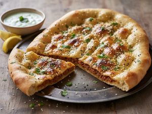 Oval keema naan on a dark metal plate with one wedge cut away to show the spiced minced meat baked inside, topped with sesame seeds, nigella seeds and coriander, beside a bowl of yogurt raita and lemon wedges