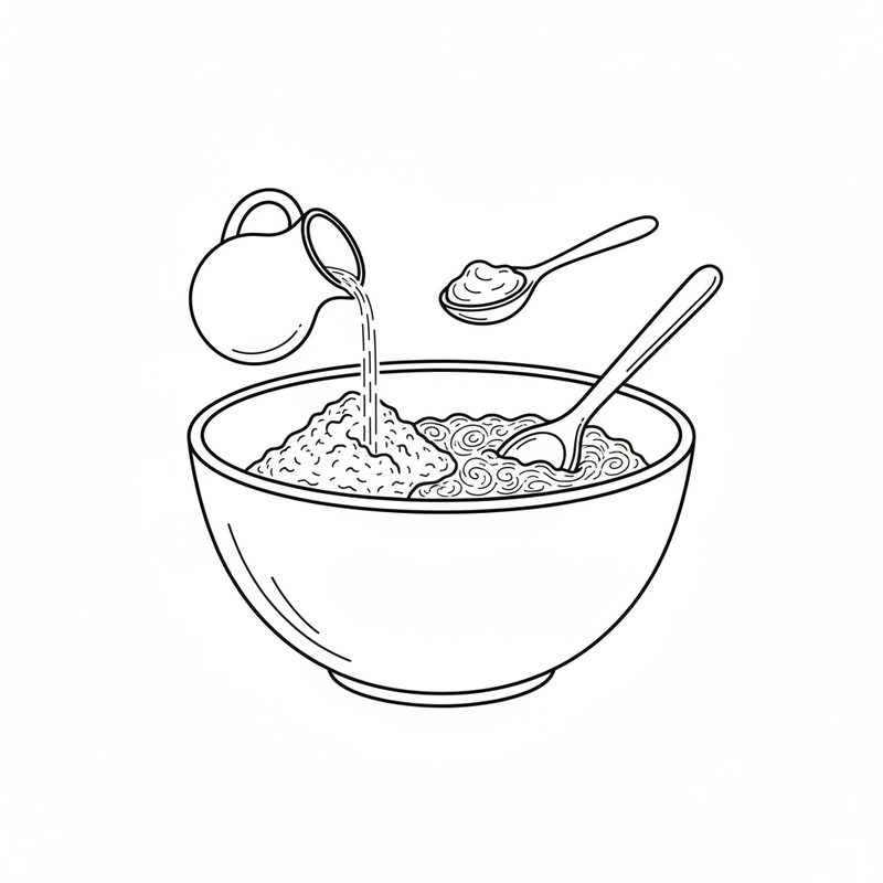 Line drawing of a jug pouring water into a large bowl of flour, a spoonful of yogurt held above it and a spoon stirring a shaggy dough
