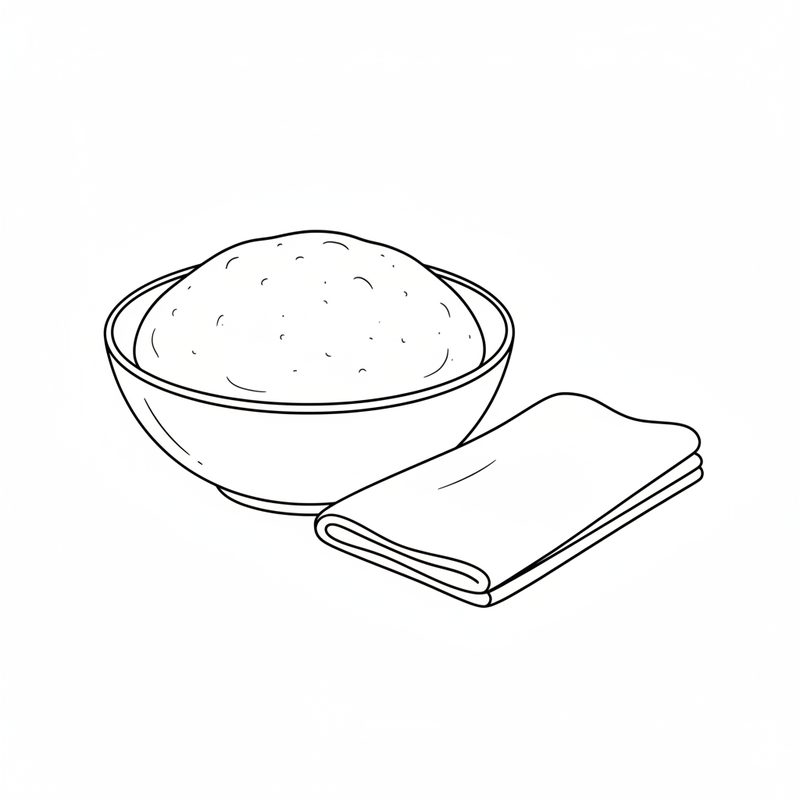 Line drawing of a large domed ball of risen dough filling a bowl, a folded kitchen towel beside it