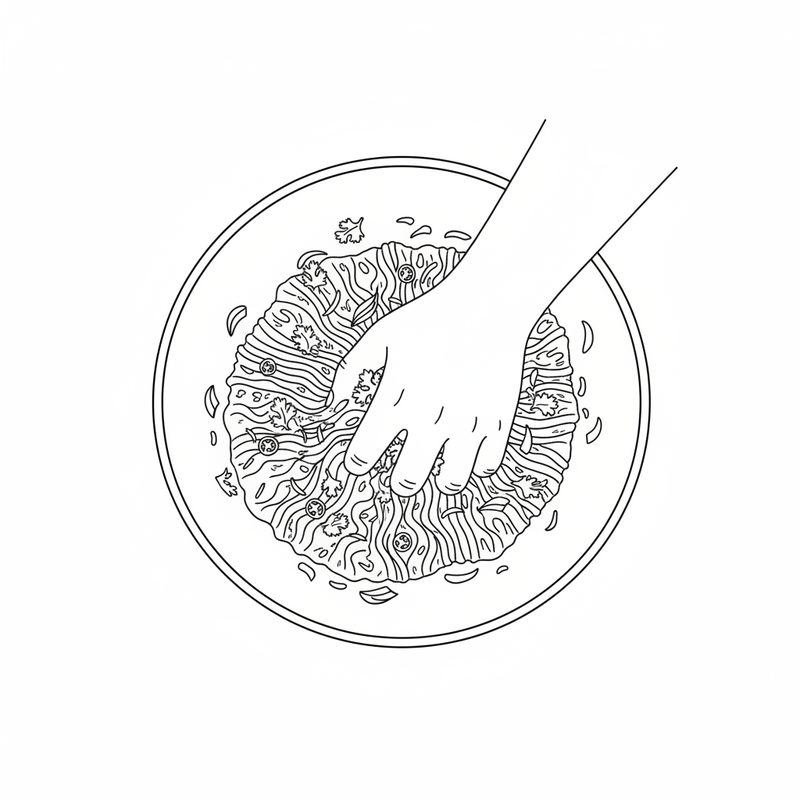 Line drawing from above of a hand mixing a bowl of minced meat with chopped herbs, sliced chilli and onion