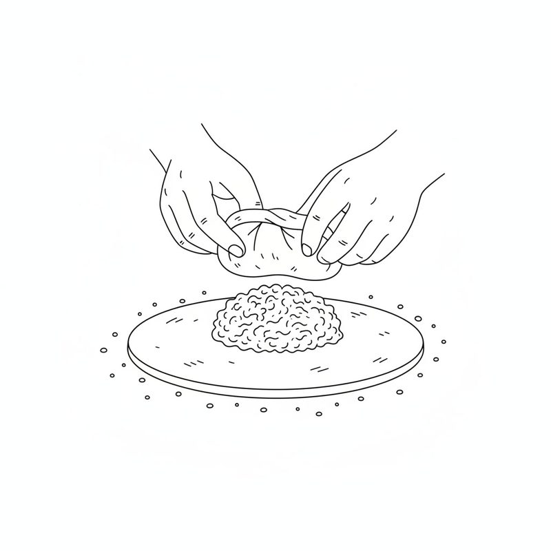 Line drawing of two hands pinching a sealed ball of dough, above a flat dough disc with a mound of minced meat filling in the centre