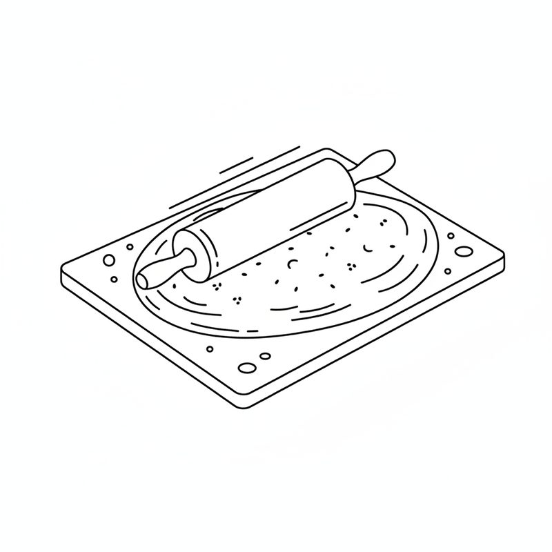 Line drawing of a rolling pin rolling a large oval of dough flat on a floured board, scattered with seeds
