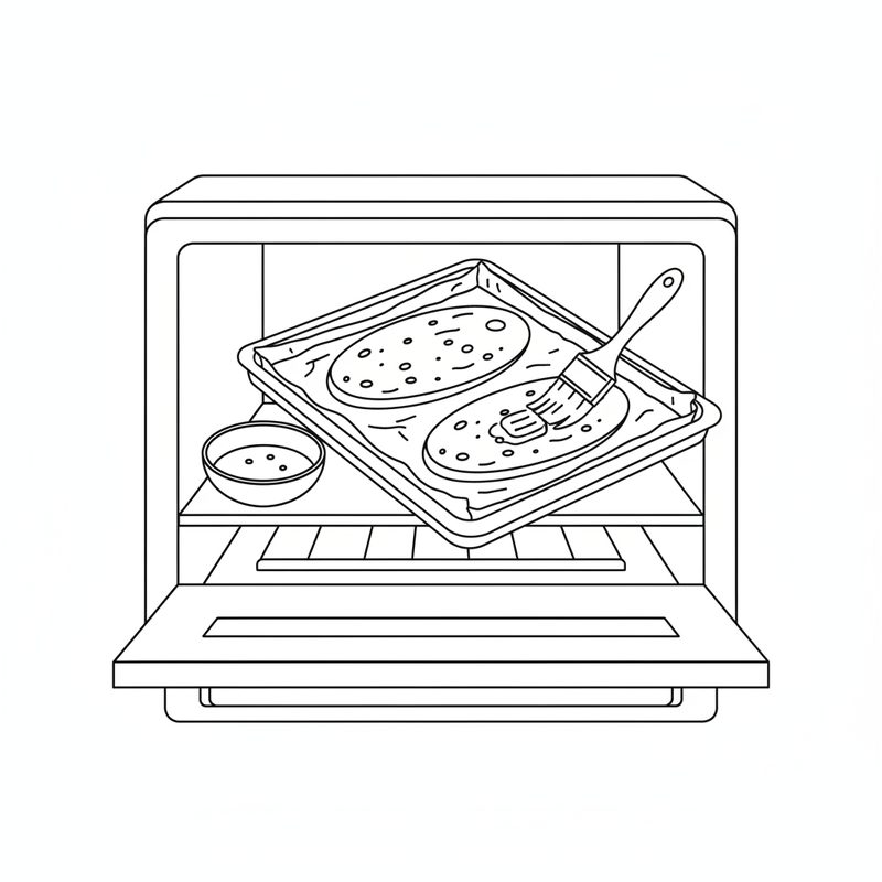 Line drawing of two oval naan on a foil-lined tray at an open oven, one being brushed with butter, a small bowl of butter beside the tray