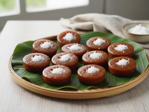 Eleven small round amber-brown kutsinta, each topped with a pinch of grated coconut, on a banana leaf on a round bamboo tray, with a bowl of grated coconut behind