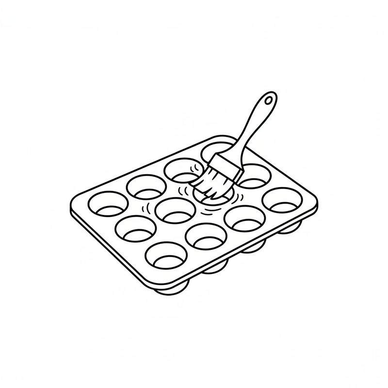 Line drawing of a pastry brush greasing the cups of a twelve-cup mini muffin tin