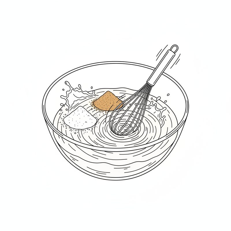 Line drawing of a balloon whisk stirring a bowl of thin batter with small heaps of flour and brown sugar on its surface