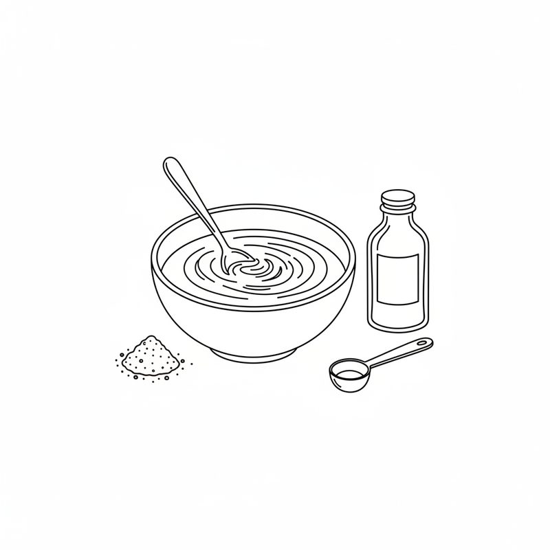 Line drawing of a spoon stirring a bowl of batter, with a small heap of powder, a bottle and a measuring spoon beside it