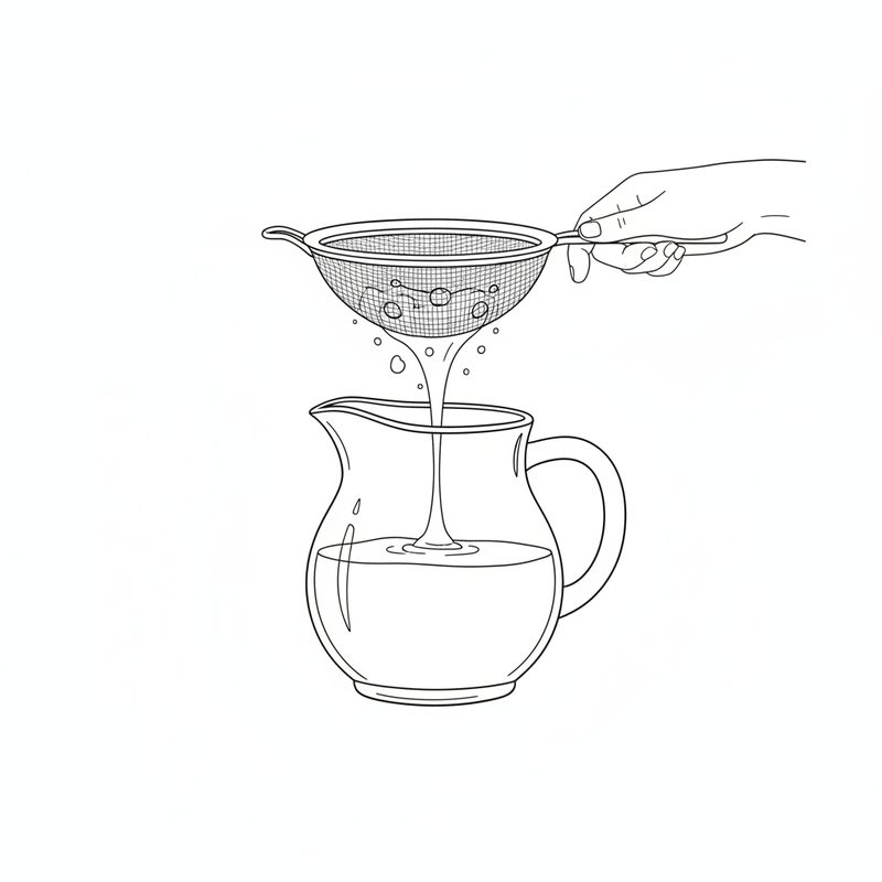 Line drawing of a hand holding a fine mesh sieve as batter pours through it into a glass jug