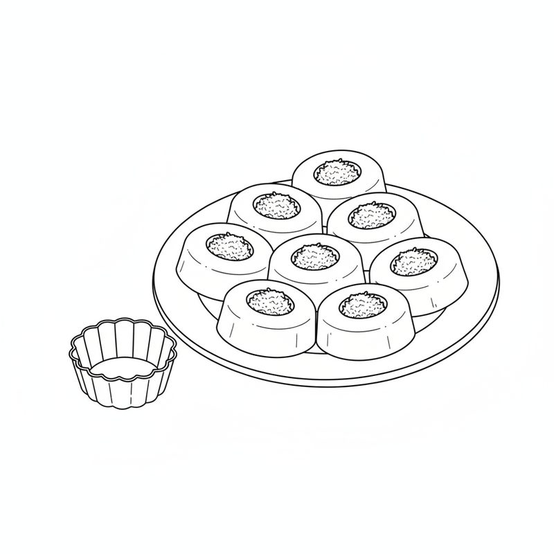 Line drawing of eight flat round cakes with grated coconut in the dip on top, on a plate beside an empty fluted mold