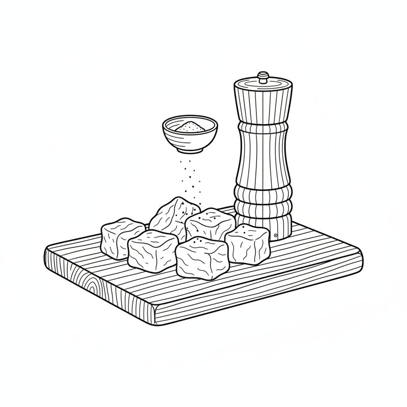 Line drawing of seven cubes of meat on a wooden board, salt falling from a small bowl above them and a pepper mill standing behind