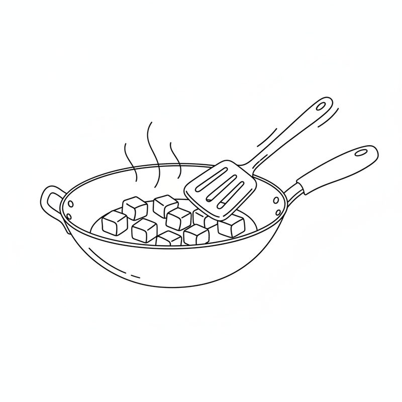Line drawing of cubes of meat frying in a wok with a spatula laid across them and steam rising