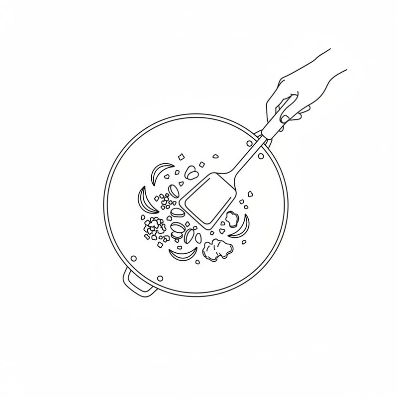 Line drawing seen from above of a hand stirring minced garlic, sliced onion and sliced ginger in a wok with a spatula