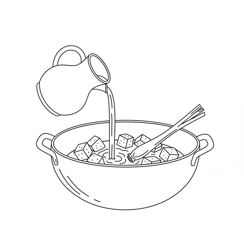 Line drawing of water being poured from a jug into a deep pot of cubed taro with a bundled stalk of lemongrass