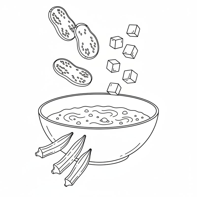 Line drawing of sliced eggplant and cubes of squash dropping into a bowl of soup, with three whole okra pods lying beside it