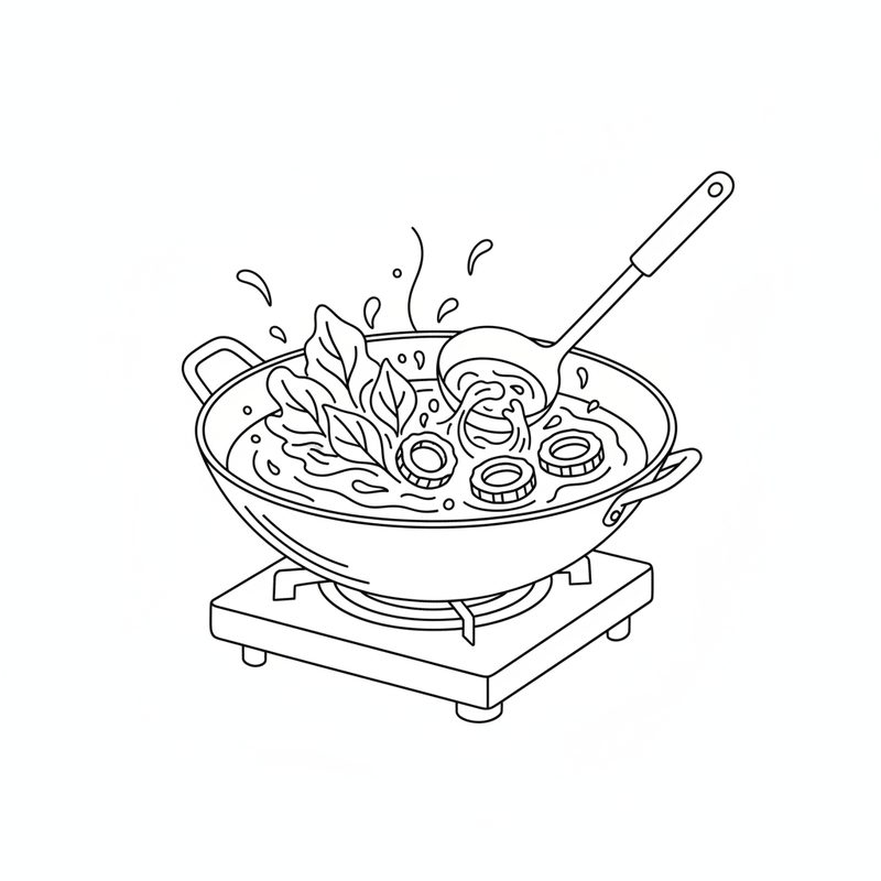 Line drawing of leafy greens and rings of patola being stirred into a wok of soup on a portable burner, a ladle resting in the pan