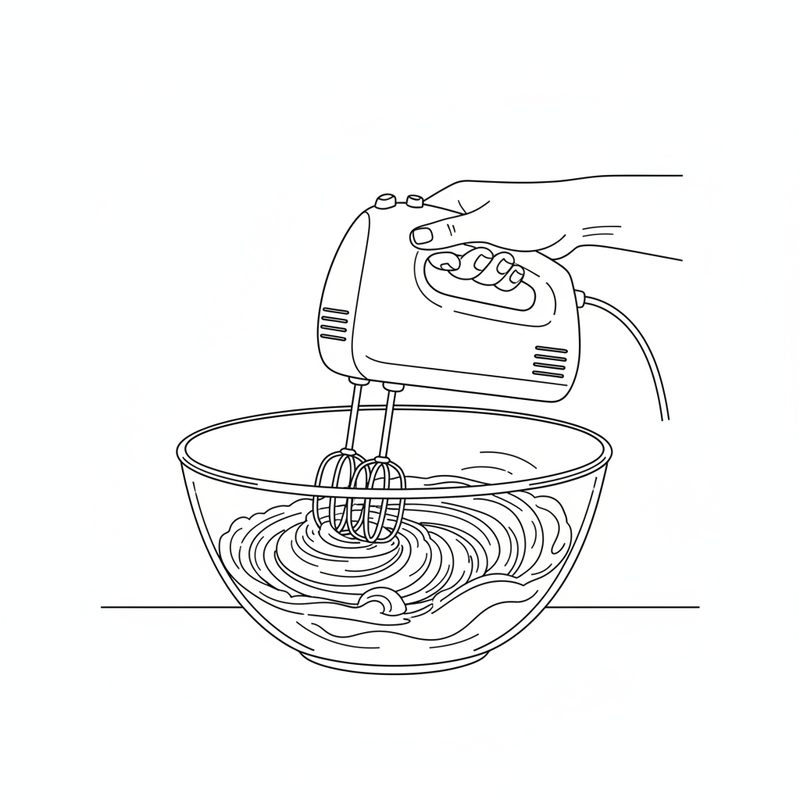 Line drawing of an electric hand mixer beating a pale, swirled butter and sugar mixture in a glass mixing bowl.