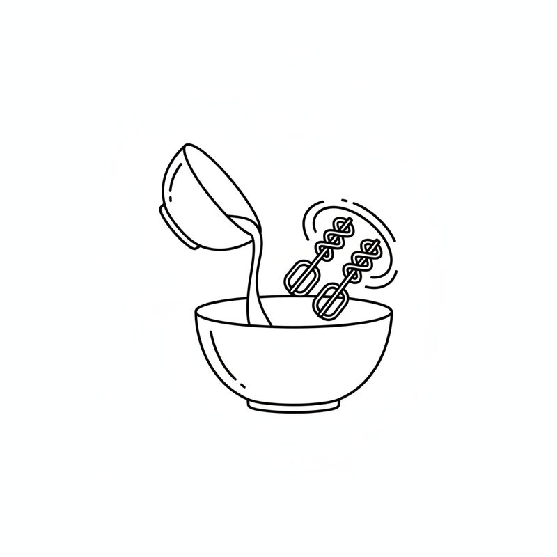 Line drawing of liquid being poured from a small bowl into a mixing bowl while a pair of mixer beaters turns above it.