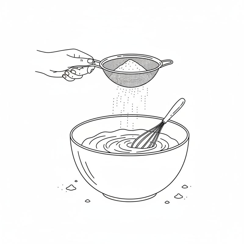 Line drawing of flour being sifted through a fine mesh sieve into a bowl of smooth batter with a whisk resting in it.