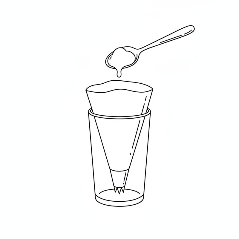 Line drawing of a spoon dropping batter into a piping bag fitted with a star tip, standing upright in a tall glass.