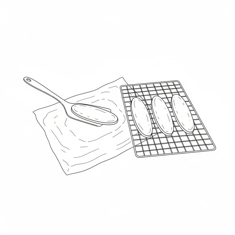Line drawing of a thin spatula lifting one slender oval cookie off a sheet of parchment paper, with three more cooling on a wire rack.
