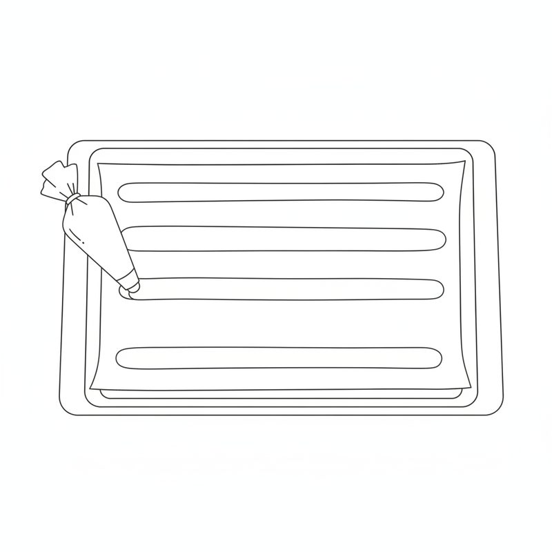Line drawing of a piping bag laying a long straight strip of batter onto a parchment-lined baking tray, with three more evenly spaced strips already piped.