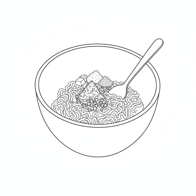 Line drawing of a mixing bowl of ground pork with piles of minced garlic, sugar and ground spices heaped on top and a spoon resting in the bowl