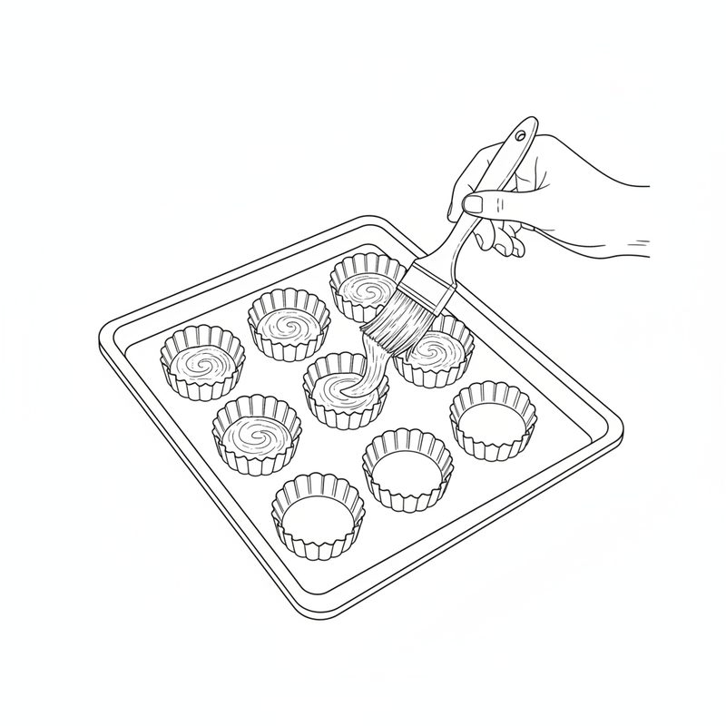 A hand brushing a flour and oil mixture into fluted round baking molds on a metal tray.