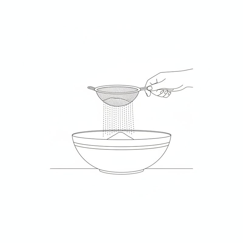 A hand holding a sieve and sifting flour into a wide mixing bowl below.
