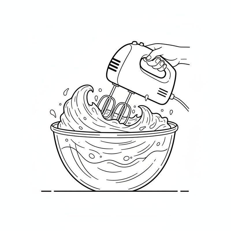 A hand mixer whipping egg whites into stiff peaks in a mixing bowl.