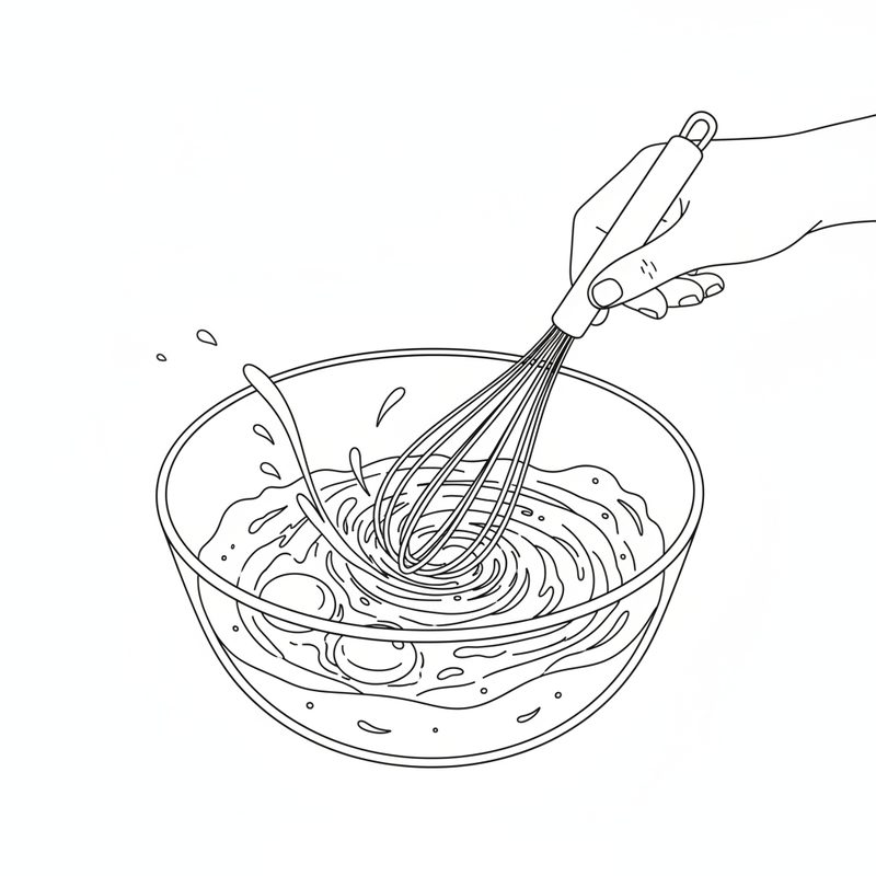 A hand whisking egg yolks with oil and milk into a smooth mixture in a glass bowl.
