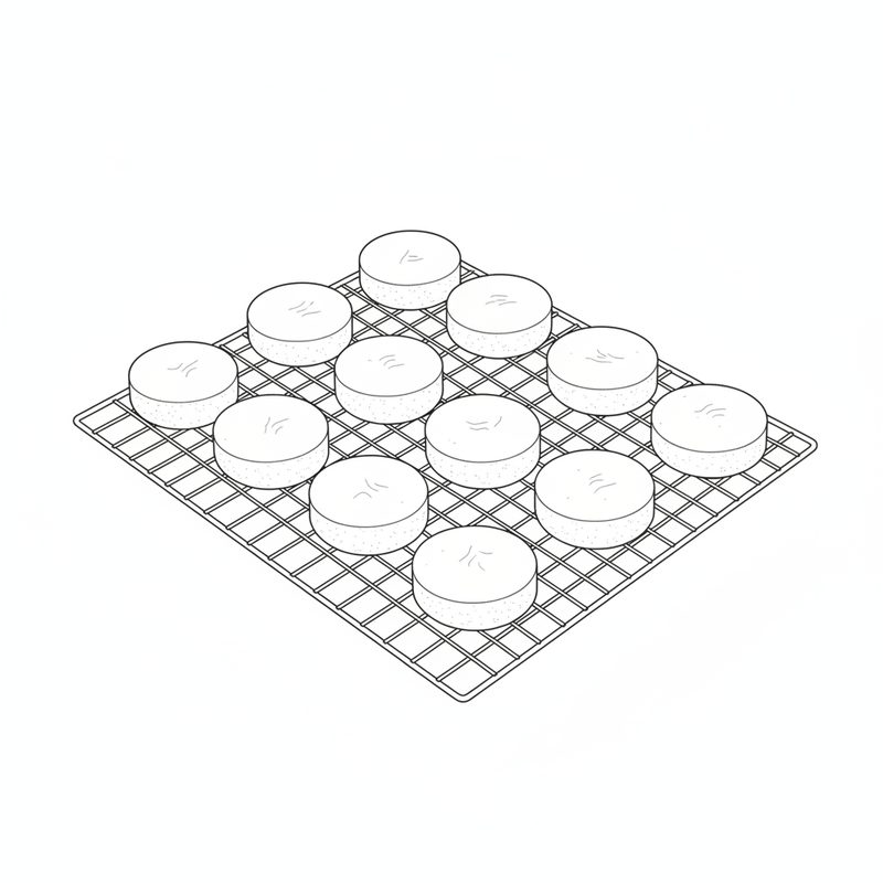Twelve small round sponge cakes cooling upside down on a wire rack, flat sides facing up.
