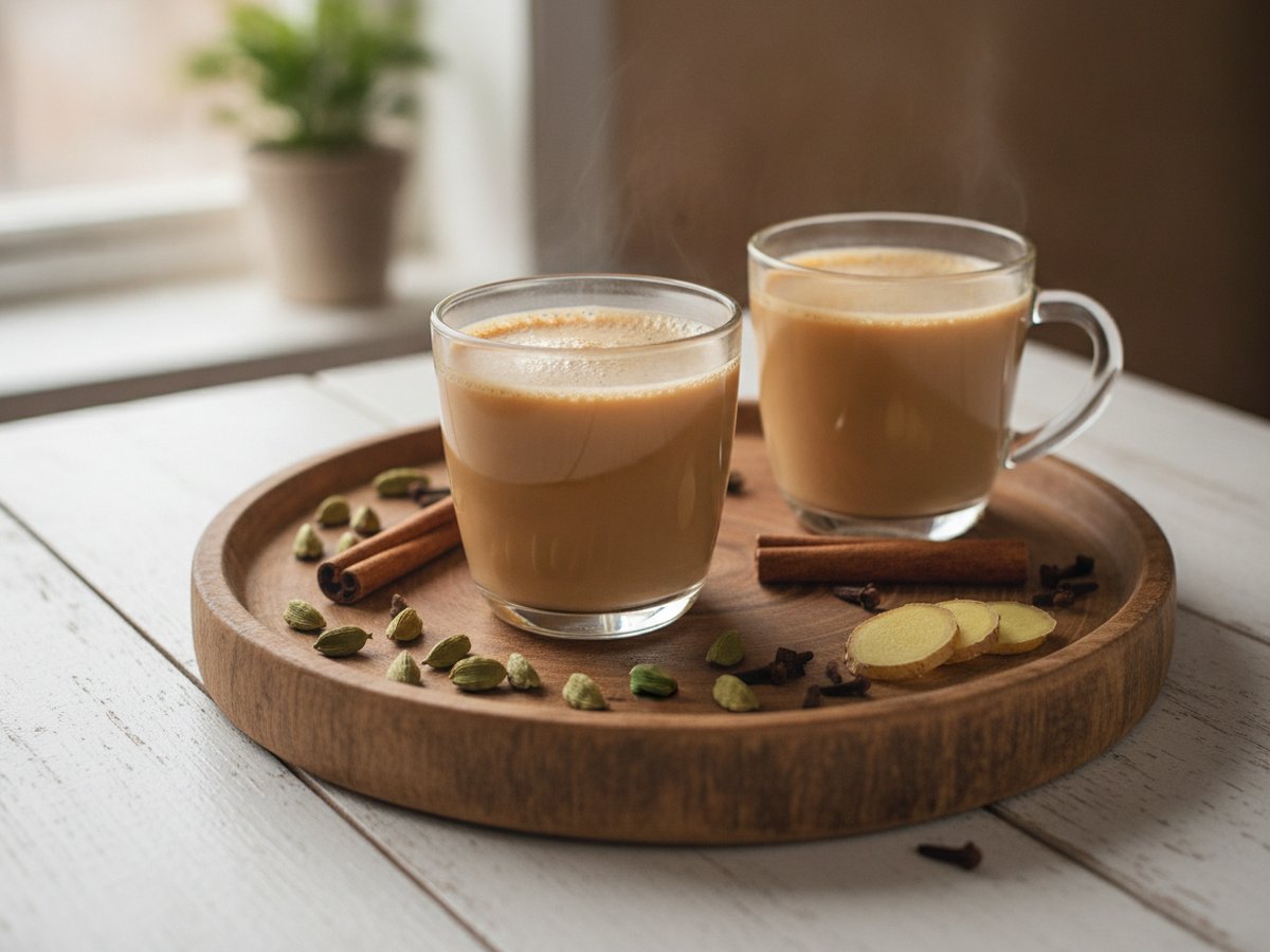 Two glasses of milky masala chai on a wooden tray with cardamom pods, cinnamon sticks, cloves and sliced ginger