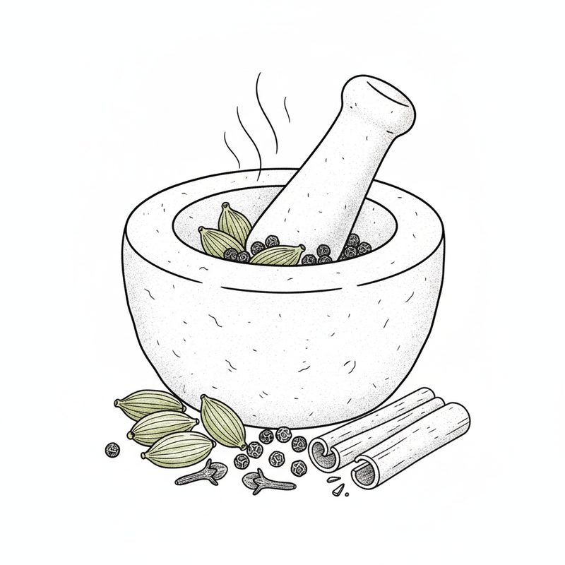 Line drawing of a stone mortar and pestle holding green cardamom pods and black peppercorns, with more cardamom, cloves, peppercorns and two cinnamon sticks beside it