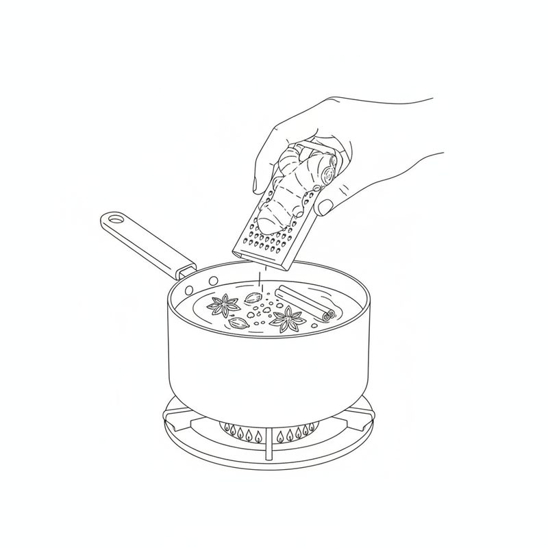 Line drawing of a hand grating fresh ginger over a saucepan of water on a gas burner, with whole spices including star anise and a cinnamon stick floating in it