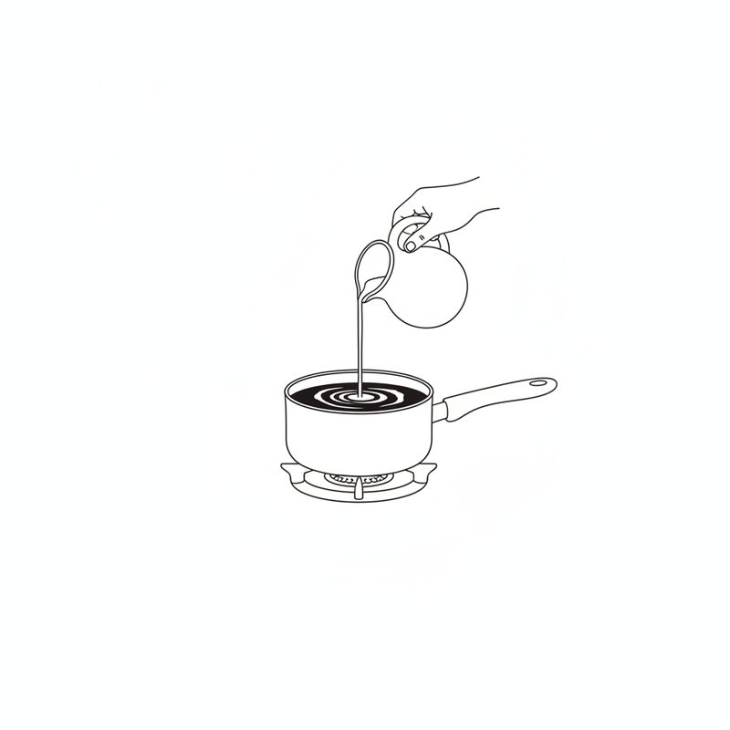 Line drawing of a hand pouring milk from a jug into a saucepan of dark tea on a gas burner, the milk swirling into the tea