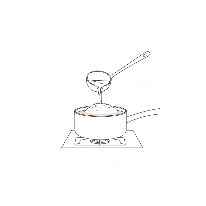 Line drawing of a ladle pouring tea back into a saucepan on the stove while foam rises in a mound on the pale milky surface