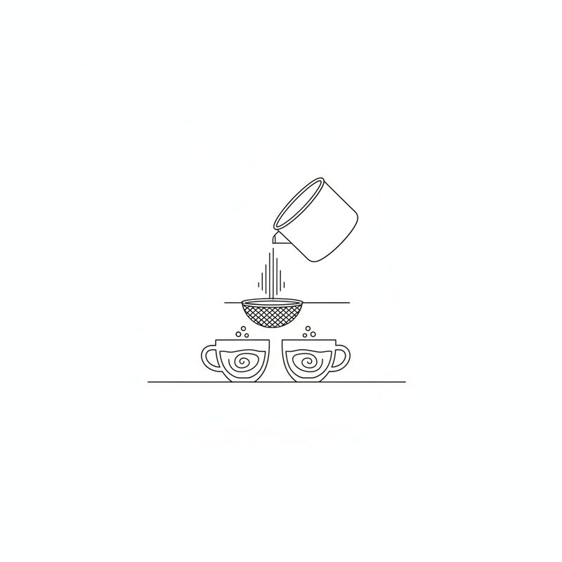 Line drawing of tea being poured from a small pot through a mesh strainer into two cups set side by side