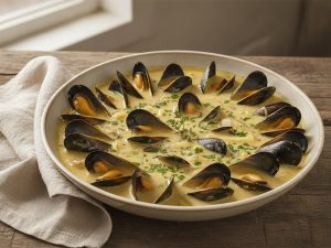 Creamy saffron mussel soup in a wide white bowl, open mussels in a golden broth with onion, leek, chopped parsley and a thyme sprig, on a wooden table beside a linen napkin