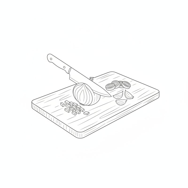 Line drawing of a chef's knife cutting an onion on a wooden board, with diced onion, sliced leek rounds and garlic cloves beside it
