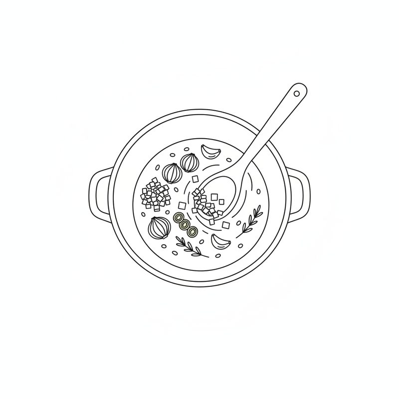 Line drawing from above of a pot of chopped onion, leek, garlic and thyme sprigs being stirred with a spoon