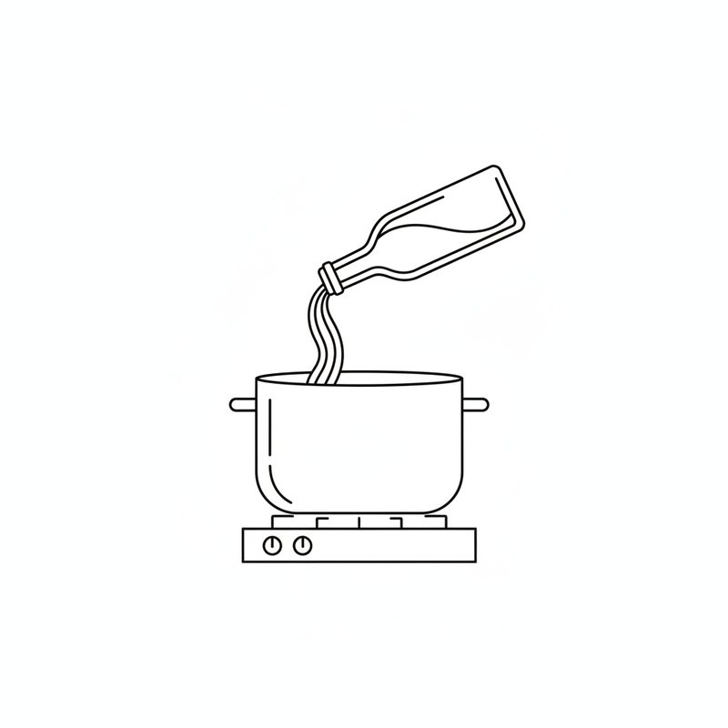Line drawing of white wine being poured from a bottle into a pot on the stove